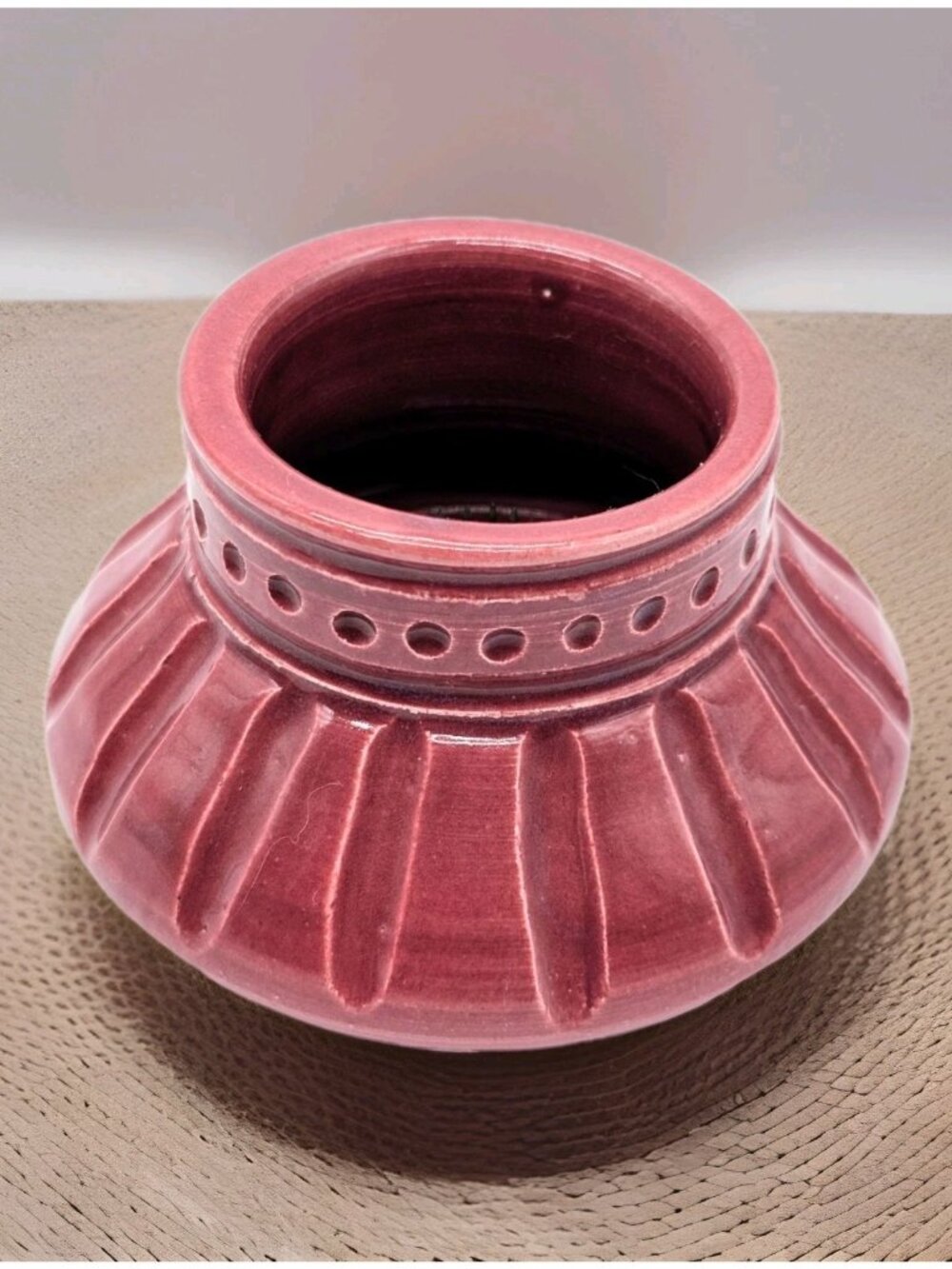MCM Salmon Pink Art Pottery Footed Small Vase Attached Floral Frog Signed Boho